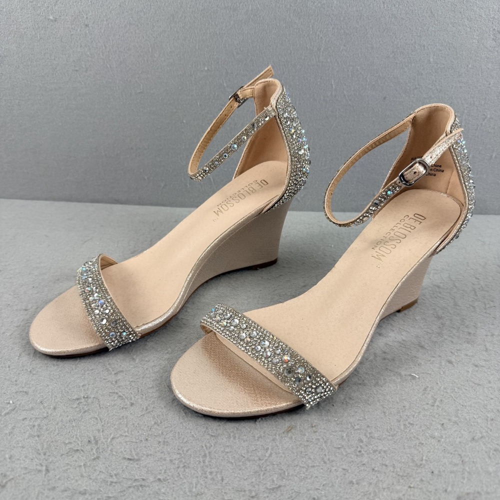 De Blossom Collection Raquel Wedge Sandals Women's 8 Champagne Rhinestone‎  Prom